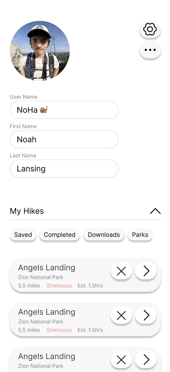 TREK app profile screen